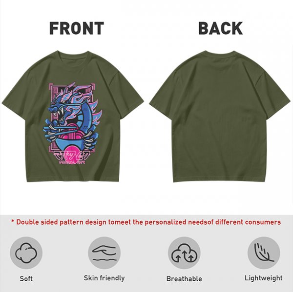 Olive T-Shirt With Neon Blue Dragon Holding Ramen Chopsticks Art