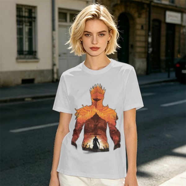 Olive T-Shirt With Giant Fire Warrior Silhouette And Small Knight Print