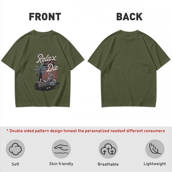 Olive graphic t-shirt with skeleton relaxing on coffin and 'Relax We All Die' text