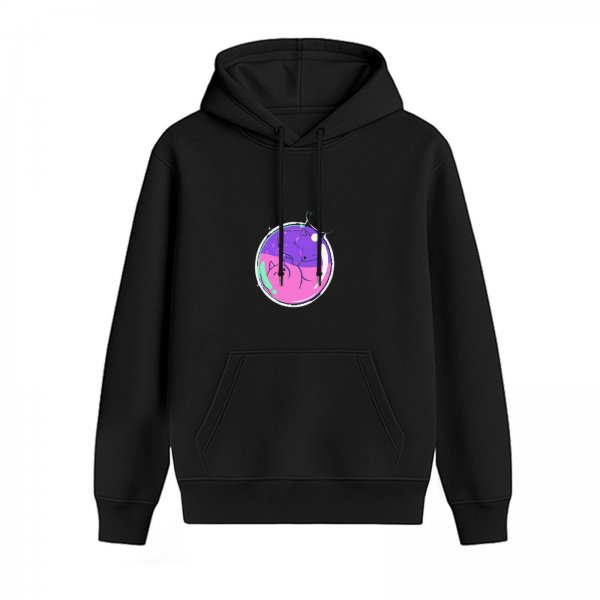 Black hoodie with sleeping cats in a bubble graphic