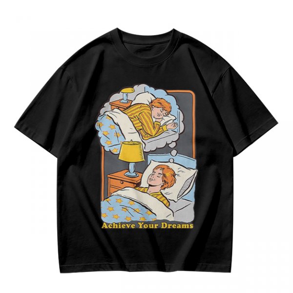 Olive graphic t-shirt with sleeping person and 'Achieve Your Dreams' text