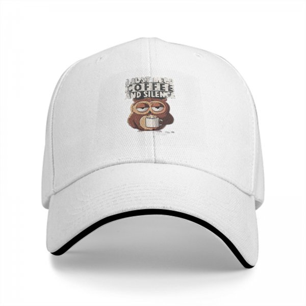 Black baseball cap with 'I just need coffee and silence' sleepy owl print