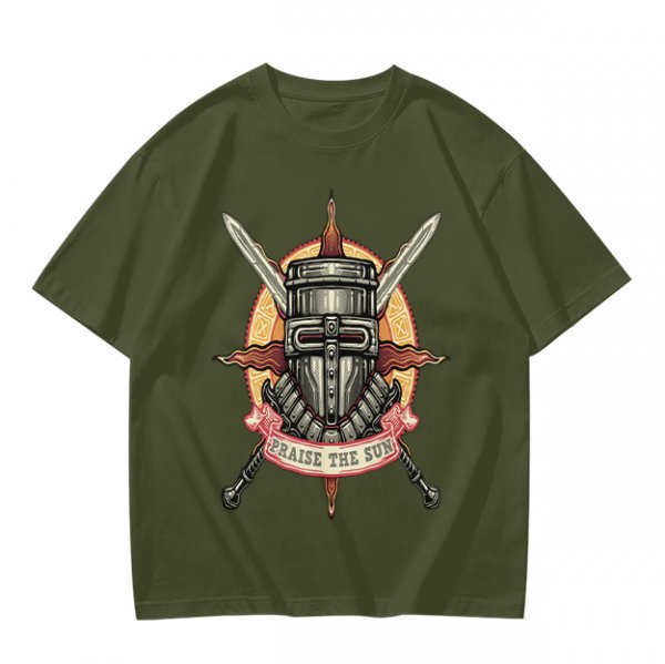 Olive T-Shirt With Praise The Sun Knight Helmet Crossed Swords Artwork