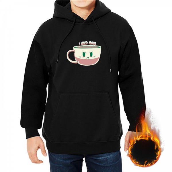 Black hoodie with angry coffee cup graphic and 'I NEED MORE' text