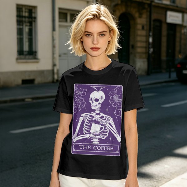 Olive T-Shirt With Skeleton Tarot Card 'The Coffee' Print