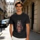 Olive t-shirt with a cartoon cat and coffee cup graphic