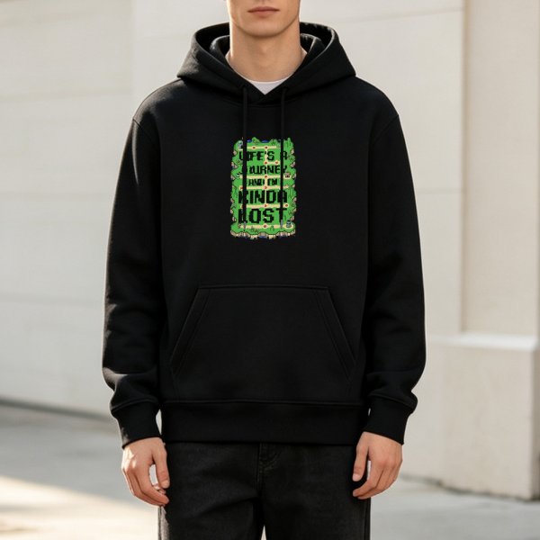 Black hoodie with pixel art 'Life's a journey and it's kinda lost' print