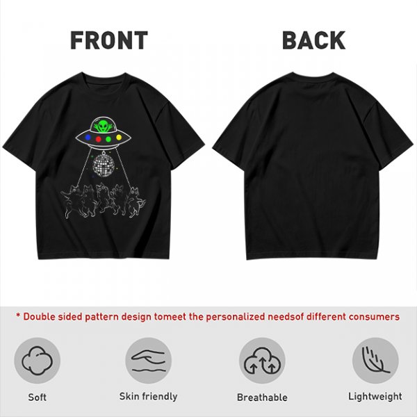 Olive T-shirt with UFO Alien and Disco Dancing Cats Print