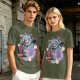 Olive T-Shirt With Maneki-Neko Sabertooth Cat And Crow Art