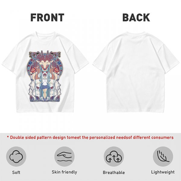 Olive green t-shirt with stained glass style forest spirit anime artwork