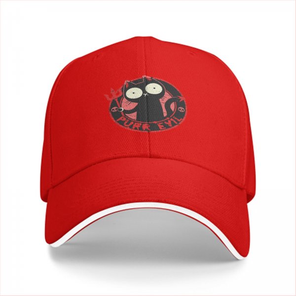 Black baseball cap with devil cat 'Purr Evil' graphic print