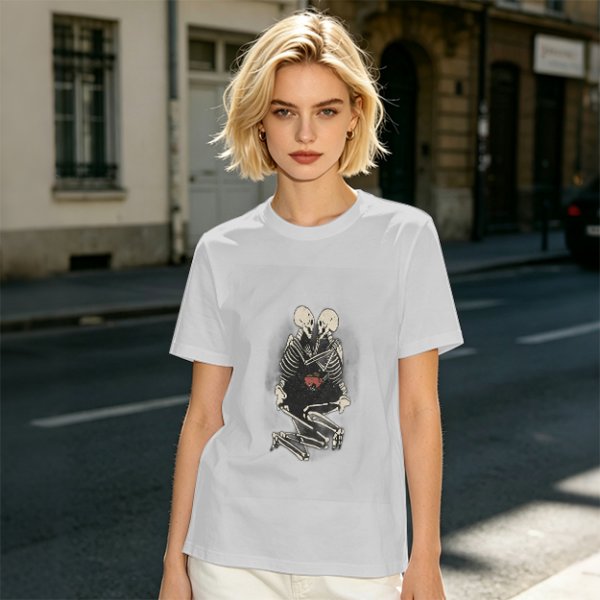 Olive T-Shirt With Skeleton Couple Embracing Red Heart Print