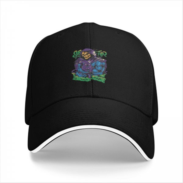 Black Baseball Cap With Skeletor Graphic Print For Fans
