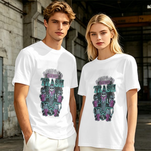 Olive graphic t-shirt with raccoons and 'Bring Us All The Trash' text