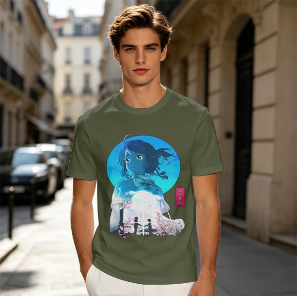 Anime girl cherry blossom scene graphic tee