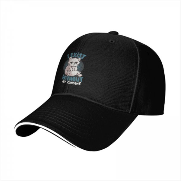 Black baseball cap with 'I Exist Without My Consent' grumpy cat print