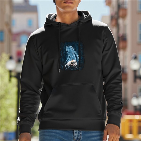 Black Hoodie with Mystical Forest Spirit and Wolf Graphic Print