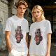 Olive t-shirt with a cartoon cat and coffee cup graphic