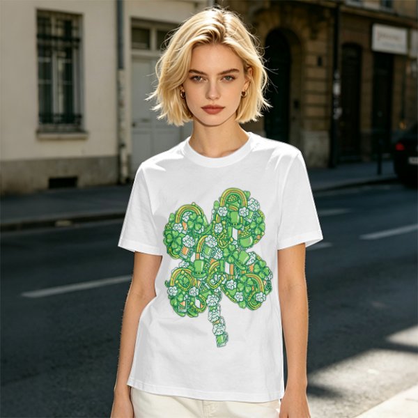 Olive Green T-Shirt With St. Patrick's Day Four-Leaf Clover Art