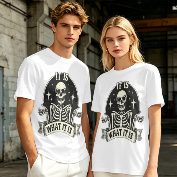 Olive t-shirt with skeleton graphic and 'It Is What It Is' text