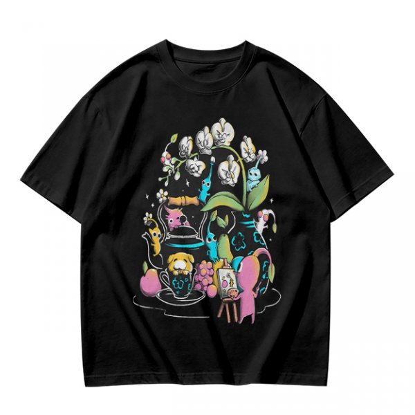 Olive T-Shirt With Whimsical Pikmin Themed Tea Party Art