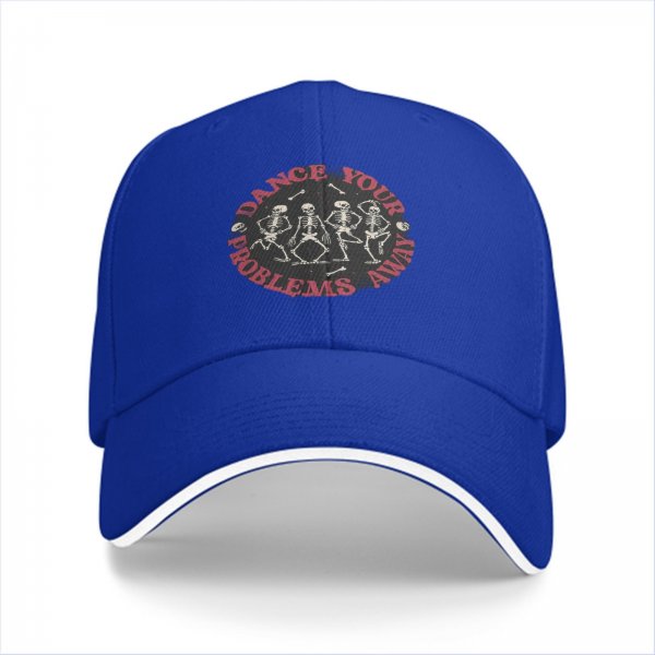 Black baseball cap with dancing skeletons and 'Dance Your Problems Away' text