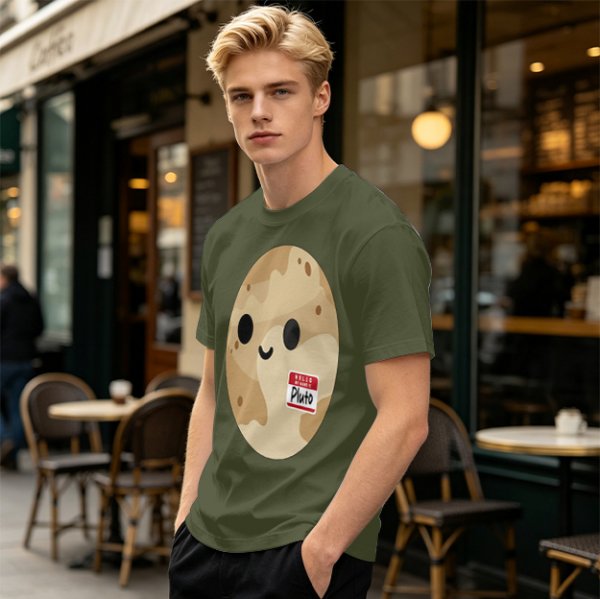 Olive T-Shirt With Cute Pluto Potato Character Graphic