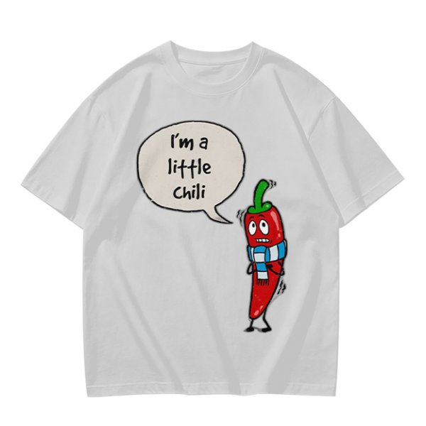 Olive green t-shirt with funny 'I'm a little chili' cartoon chili print