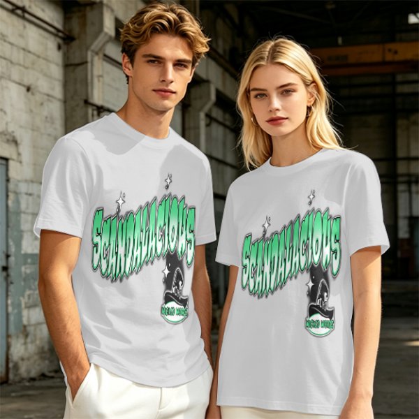 Olive green graphic t-shirt with 'Scandalacious' print and witch hat design