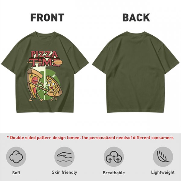 Olive green pizza graphic t-shirt with playful pizza slice characters