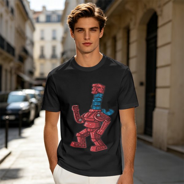 Olive Green T-Shirt with Retro Robot Graphic Print