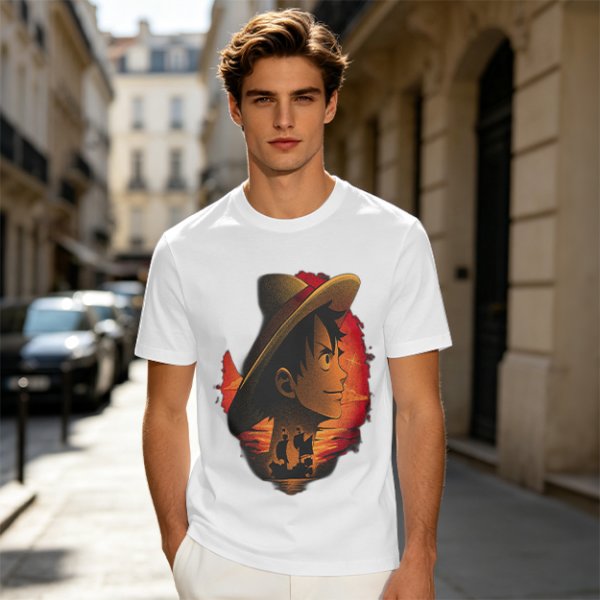 Olive T-Shirt Featuring Monkey D. Luffy Sunset Pirate Ship Art