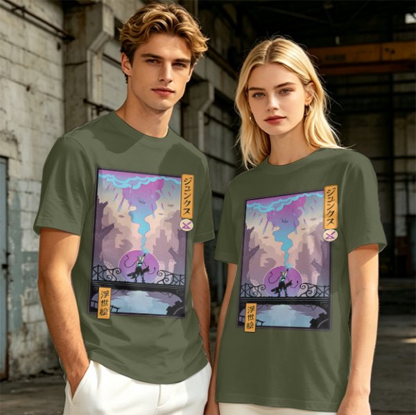 Olive T-shirt with Cyberpunk City Bridge Character Art Print