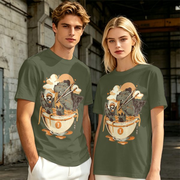 Olive T-Shirt Featuring Godzilla Eating Ramen Noodles