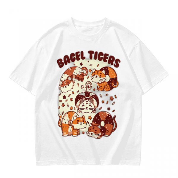 Olive Green T-Shirt With Cute Bagel Tigers Graphic Print