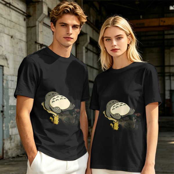 Olive T-shirt with Sleeping Totoro and Crossover Anime Characters Print