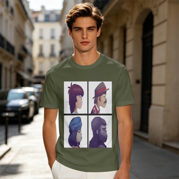Olive T-Shirt With Four Gorillaz Character Portraits Print