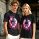 Olive anime cat character graphic t-shirt with pink abstract background