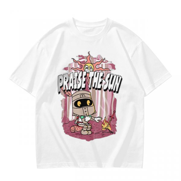 Olive t-shirt with cartoon knight 'Praise the Sun' graphic