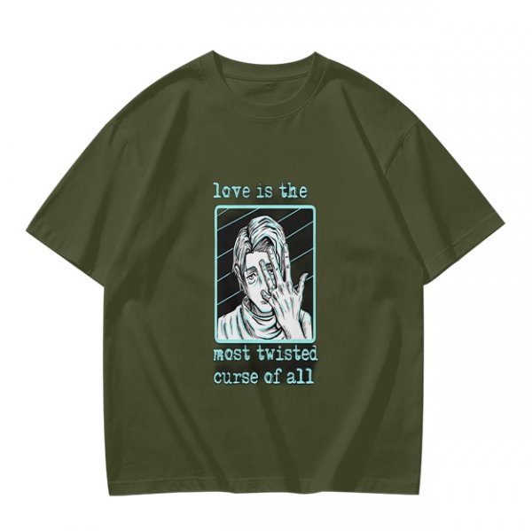 Olive Graphic T-Shirt With Twisted Love Curse Quote And Anime Art