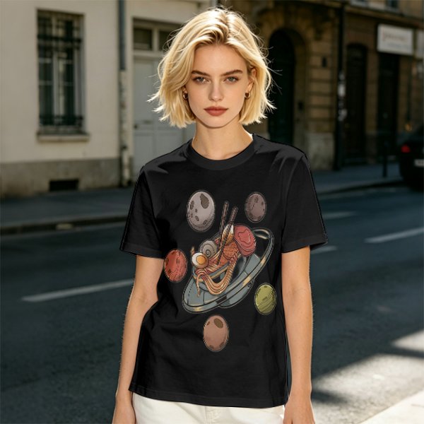 Olive green t-shirt with ramen planet space graphic print