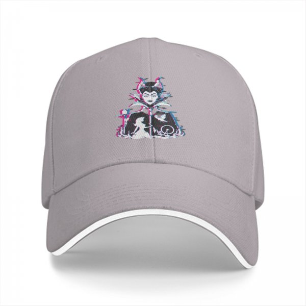 Black baseball cap with glitch-style Maleficent graphic print