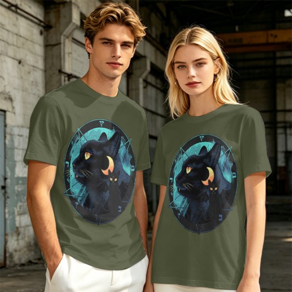 Olive T-Shirt With Black Cat And Crescent Moon Graphic