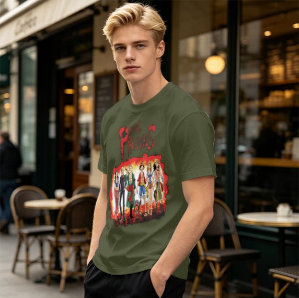 One Piece Pirates Anime Graphic Olive T-Shirt