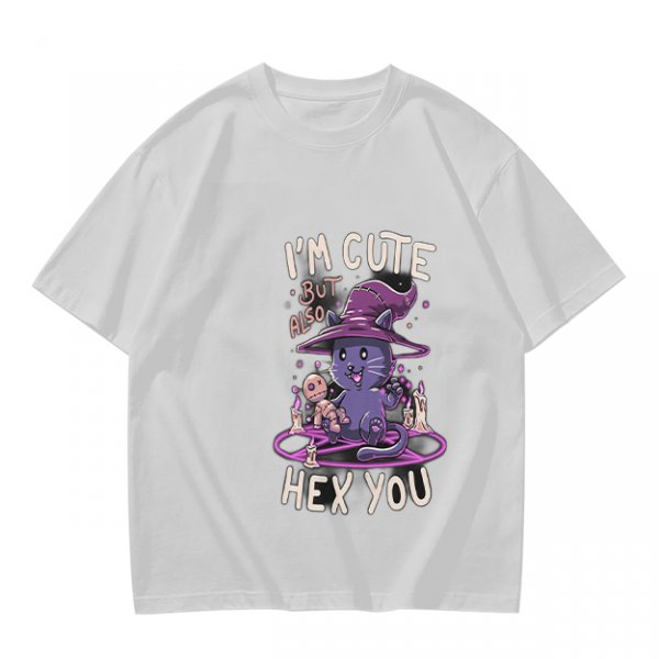 Olive green t-shirt with cute witch cat hex you graphic