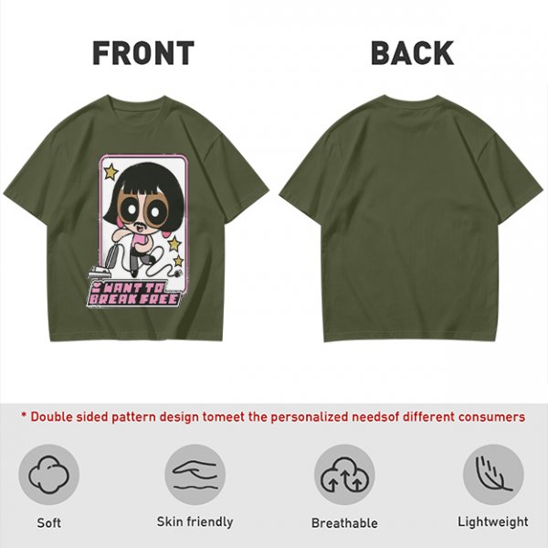 Olive green graphic t-shirt with Powerpuff-style character and 'I Want To Break Free' text