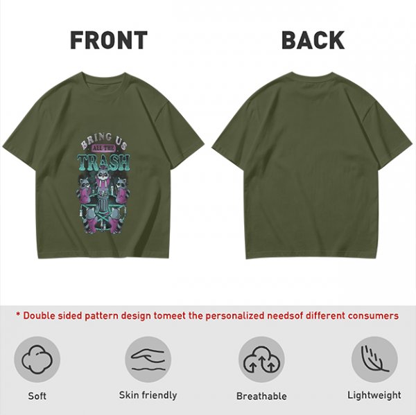 Olive graphic t-shirt with raccoons and 'Bring Us All The Trash' text