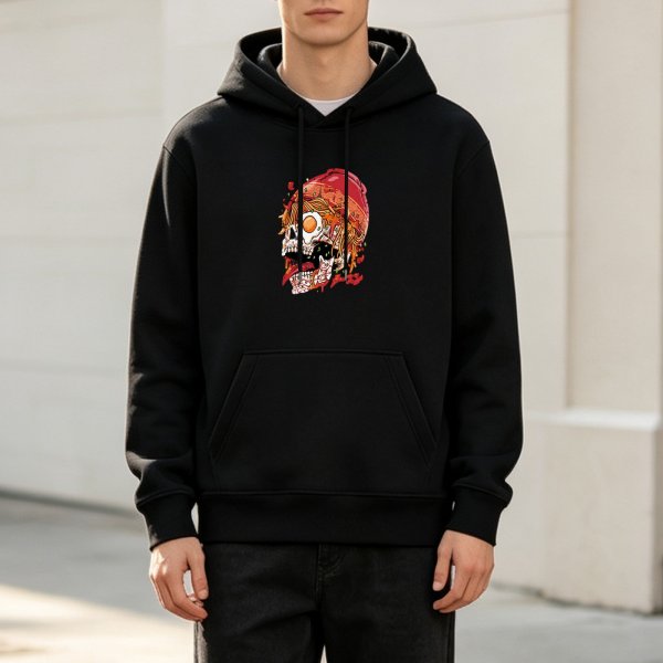 Black hoodie with surreal skull fried egg graphic print