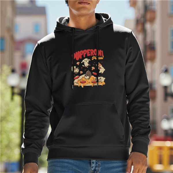 Black hoodie with playful puppy pepperoni pizza graphic