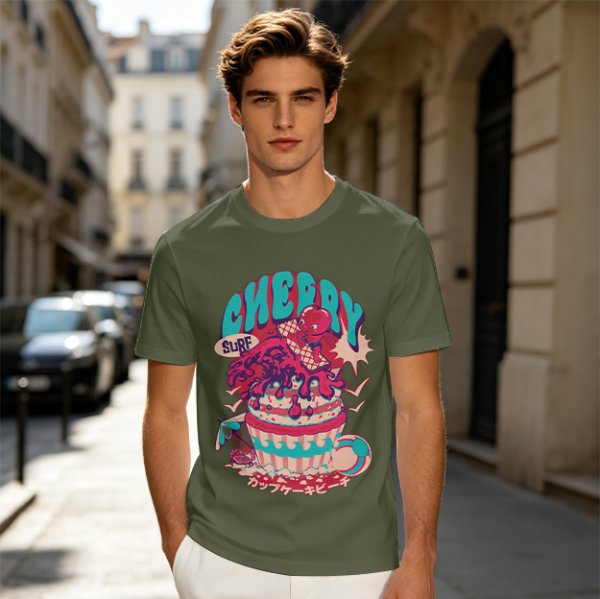 Olive T-shirt with Cherry Surf Cupcake Beach Graphic Print